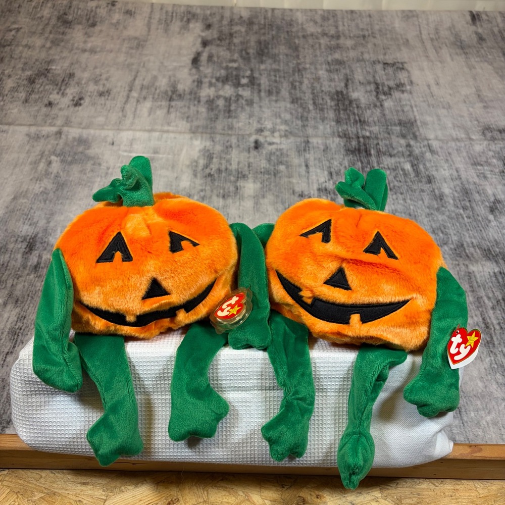 Ty Beanie Buddies Pumkin the Pumpkin Plush 1999 Halloween Set of 2 Orange Green
